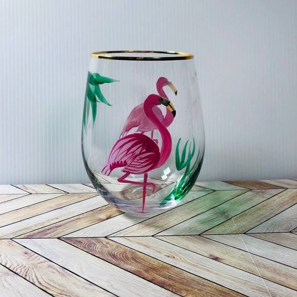 Flamingo Stemless Gin Cocktail Glass Tumbler Hand Painted Wine Glass - Picture 1 of 6